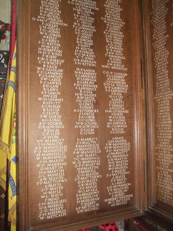 the panels in Ely Cathedral commemorating the men of Cambridgeshire who fell in WW1