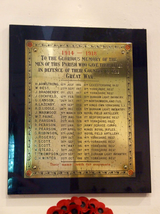 The Memorial Plaque in the Church of St. Michael and All Angels, Middleton Tyas.