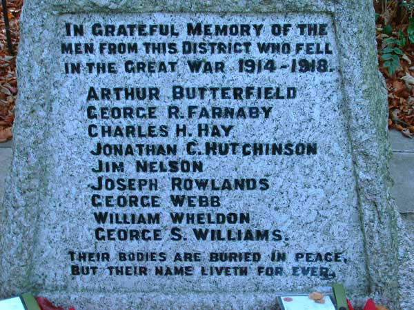 The First World War Names on the War Memorial in Middridge, Co. Durham.