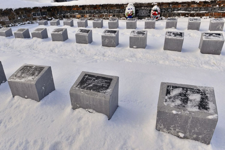 Murmansk New British Cemetery - Lieutenant Plumpton's Headstone in the Centre Foreground. Private Potter's Headstone is in the front row, on the right.