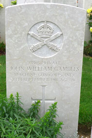 Private John William Gambles. 73365. 55th Coy. Machine Gun Corps (Infantry), formerly 11800 the Yorkshire Regiment. Son of Mr. J. W. and Elizabeth Gambles, of 2, Smiths Bank, North Shields; husband of Mary Ann Gambles, of 15, John St., West Hartlepool. Killed 8 September 1918. Aged 26.