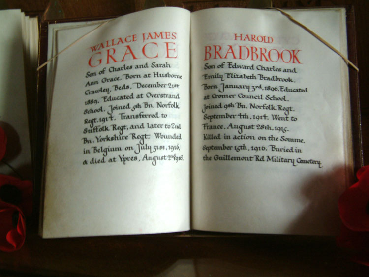 Private Grace's Entry in the Book of Remembrance for Overstrand (Norfolk)