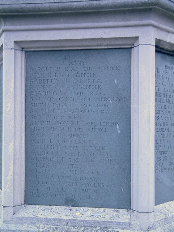 The Panel on the Aldeburgh War Memorial on which Lieut. Welford's Name is Commemorated.