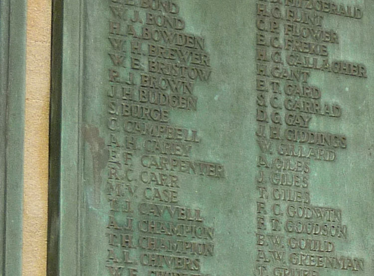 The panel on which the name of Private Carey can be found on the Bath Memorial (detail)