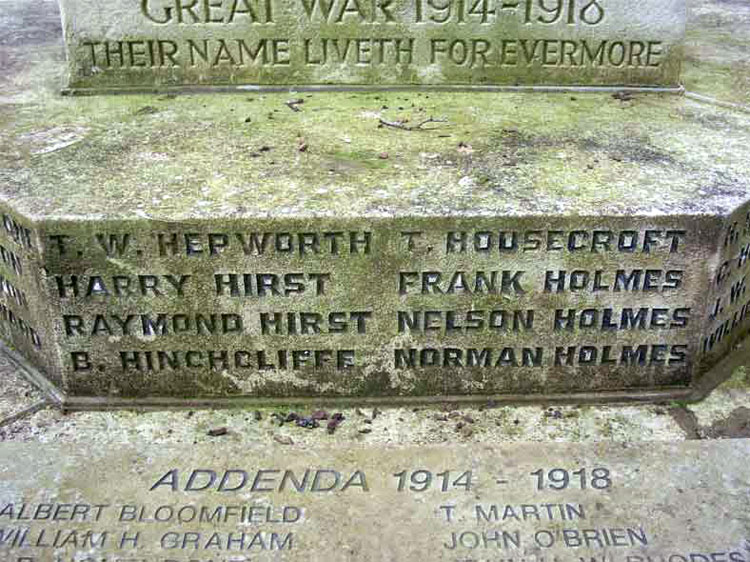 Private Housecroft's name on the Birstall (Kirklees) War Memorial