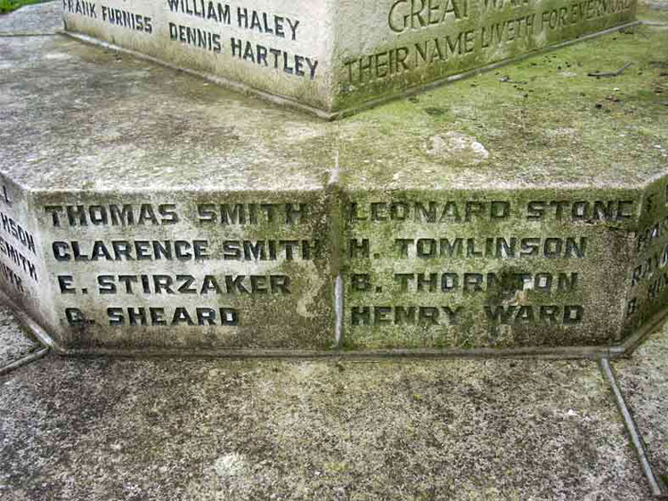Private Stirzaker's name on the Birstall (Kirklees) War Memorial