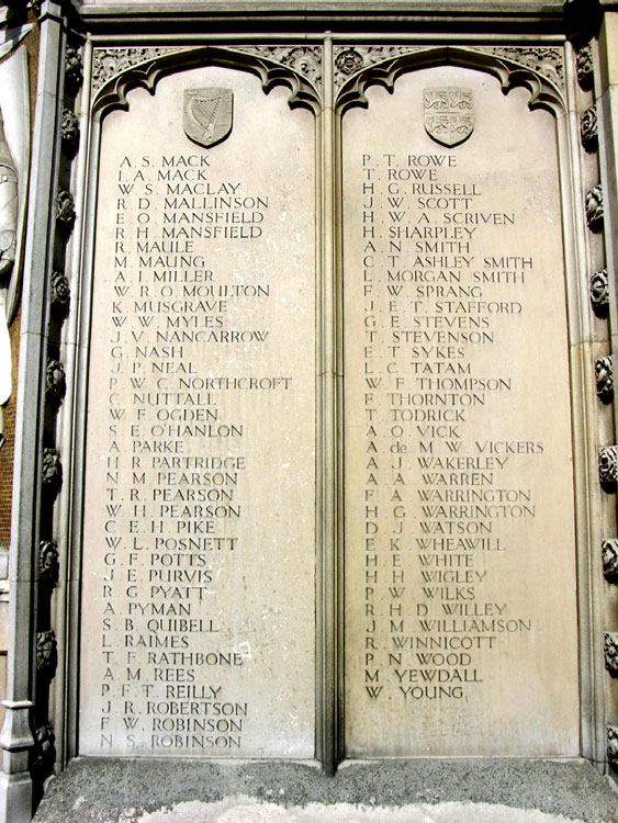 The Names of Capt John Vivian Nancarrow and Lieut Arnold Oughtred Vick on the Leys School War Memorial.