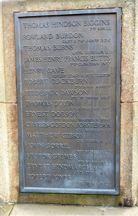 First World War Ciommemorations, "B" - "J", on the Castle Eden War Memorial
