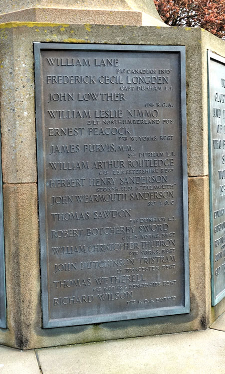 First World War Ciommemorations, "L" - "W", on the Castle Eden War Memorial