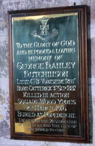 The Memorial to Lt. Hutchinson in the Church of St. Anne, Catterick.