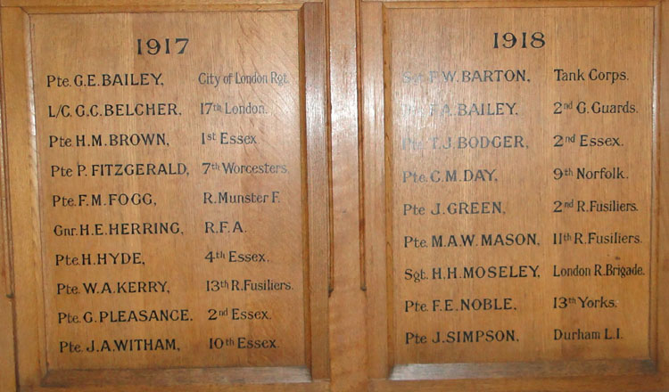 Private Noble's Name on the War Memorial in St. Mary's Church, Chigwell (Essex) 
