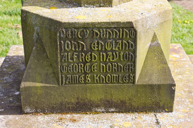 The Names of Percy Dunning, John England, Alfred Hayton, George Horner and James Knowles on the Coxwold War Memorial.