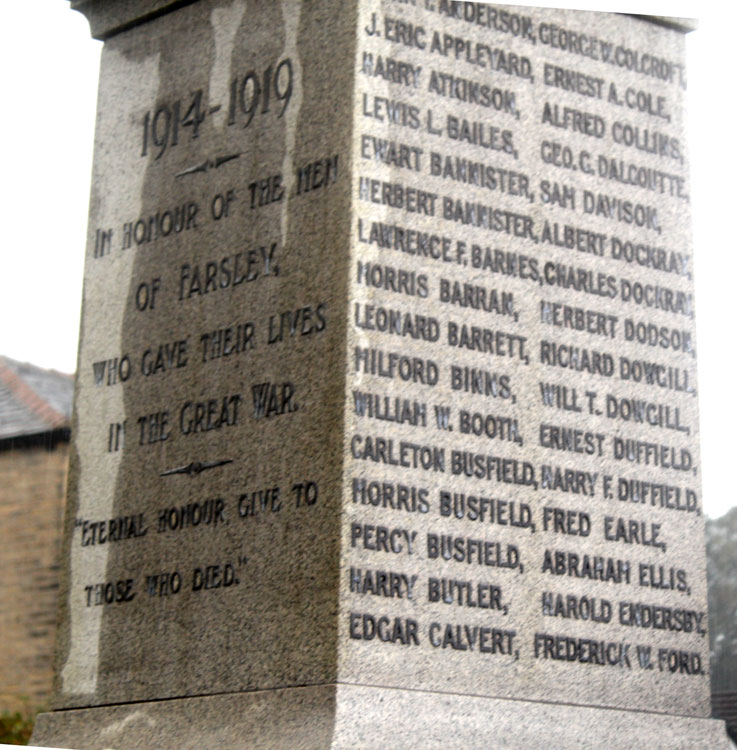 Private Bannister's Name on the Farsley War Memorial.