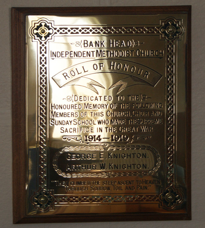The War Memorial Plaque in the Bank Head Independent Methodist Church, Fence Houses (Co. Durham)