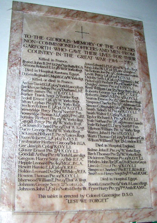 The First World War Memorial Tablet in St. Mary's Church, Garforth (Leeds)