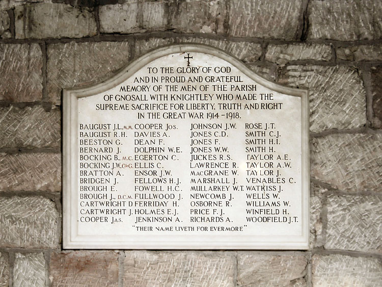 The First World War Memorial in St. Lawrence's Church, Gnosall