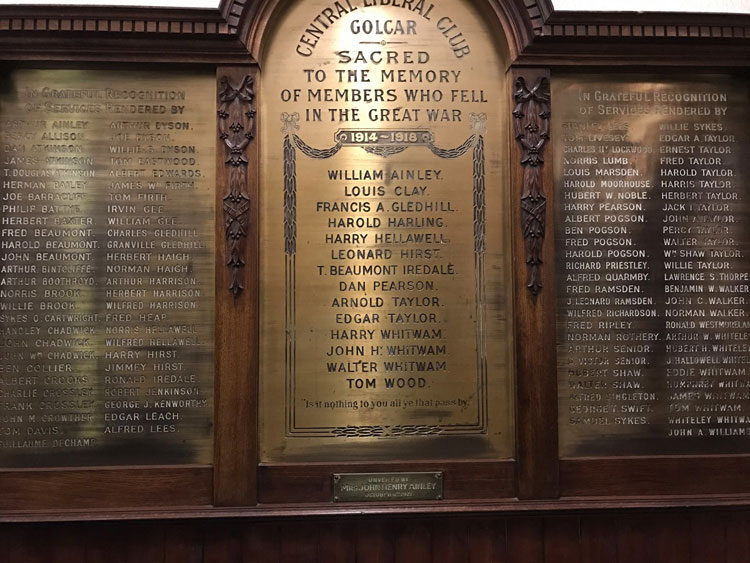 The First World War Memorial in the Golcar Central Liberal Club