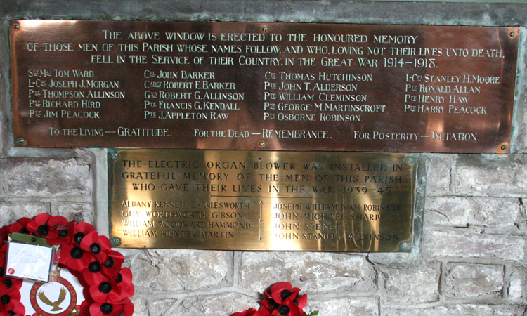 The War Memorial Plaques for Parishioners of St. Andrew's Church, Grinton. 