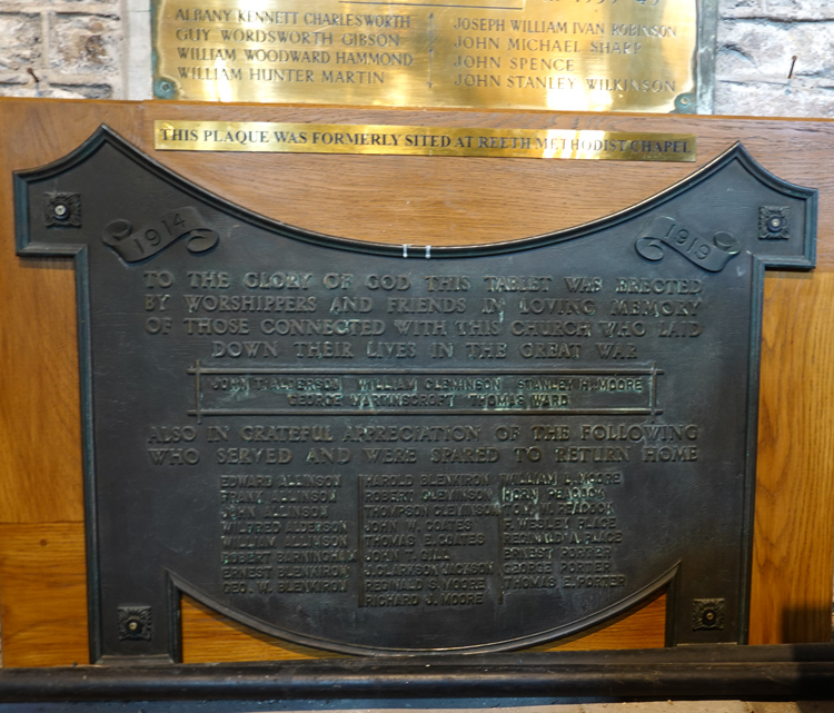 The First World War Memorial that was originally in the Methodist Church, Grinton. 