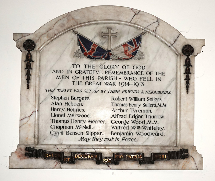 The First World War Memorial Plaque in St. Matthew's Church, Grosmont
