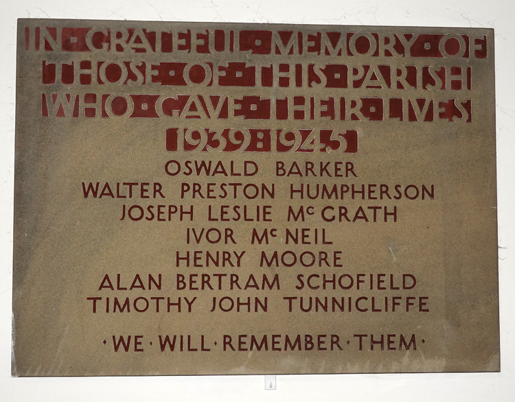 The Second World War Memorial Plaque in St. Matthew's Church, Grosmont