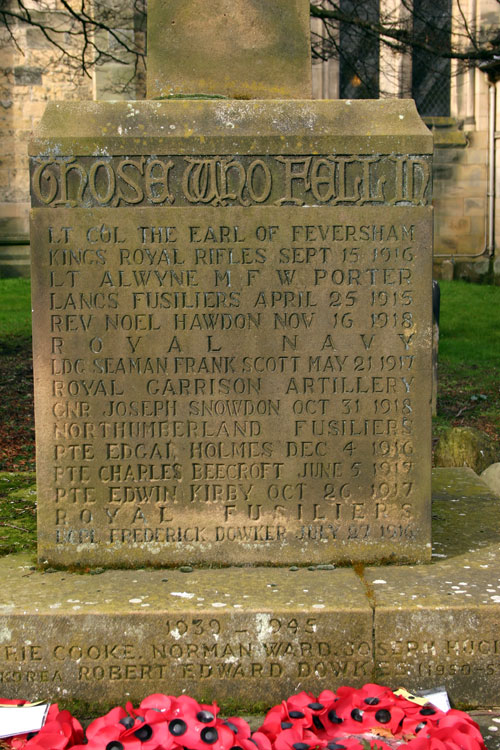 Names including the Earl of Feversham listed on the Helmsley War Memorial