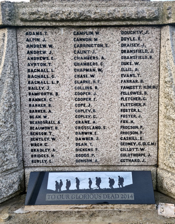 Names "A" - "G" on the War Memorial for Hoyland (Barnsley)