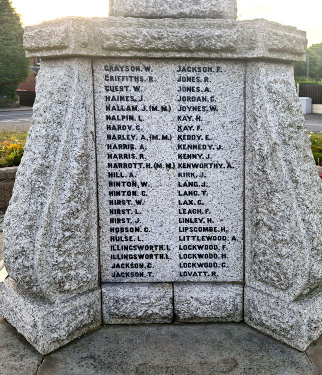 Names "G" - "L" on the War Memorial for Hoyland (Barnsley)