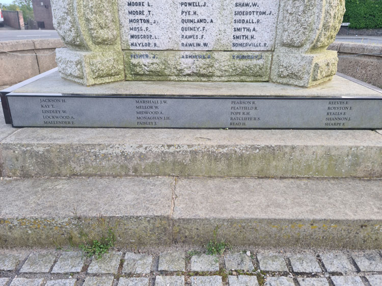 The WW1 Supplementary Panel on the War Memorial for Hoyland (Barnsley) on which Reginald Hague Pope is commemorated.
