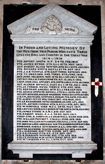 The Memorial Plaque inside All Saints' Church, Hurworth-on-Tees