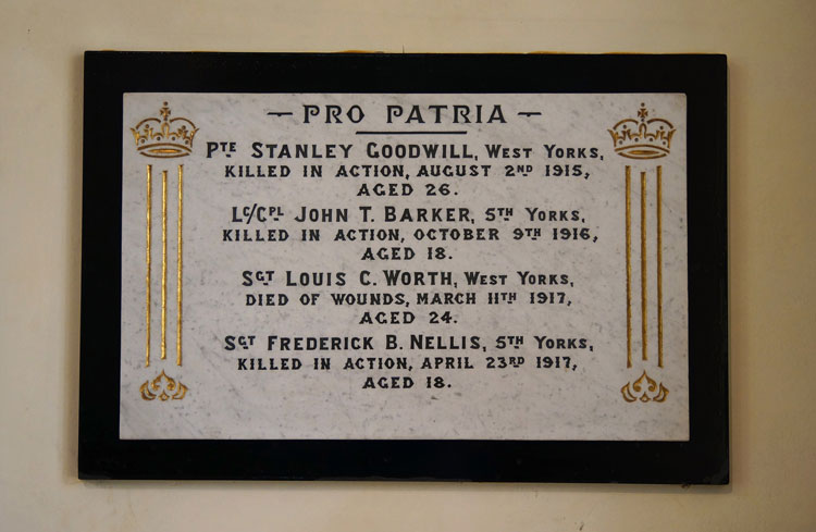 The First World War Memorial in St. Matthew's Church, Hutton Buscel.