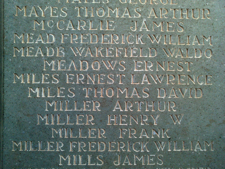 Arthur 
    Miller's Name on the War Memorial for Kettering, Northants