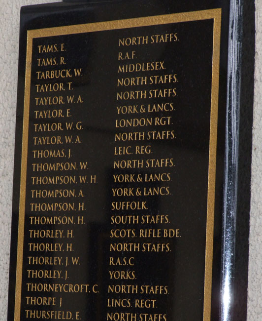 The Panel with J Thorley's Name on the War Memorial for Longton, Stoke-on-Trent.