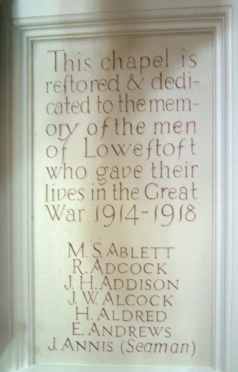 The Dedication, and Initial Commemorations, on the Memorial in St. Margaret's Church (Lowestoft)