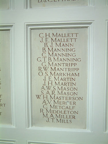 Private Manning's Name on the Memorial in St. Margaret's Church, Lowestoft