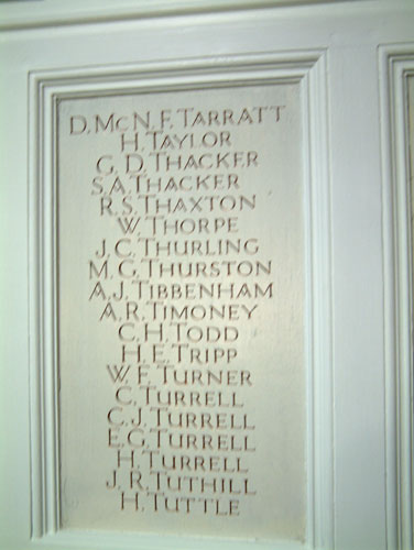 Private Taylor's Name on the Memorial in St. Margaret's Church, Lowestoft