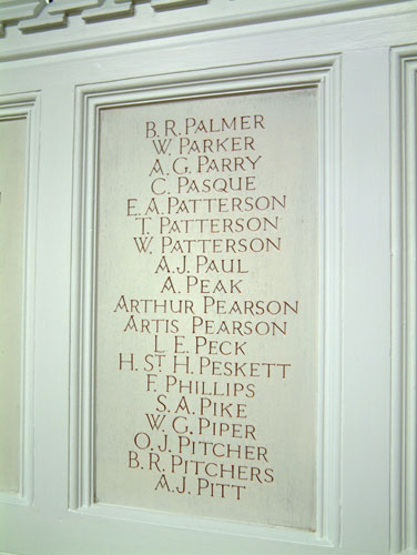 Privates Pearson's and Phillips' Names on the Memorial in St. Margaret's Church, Lowestoft