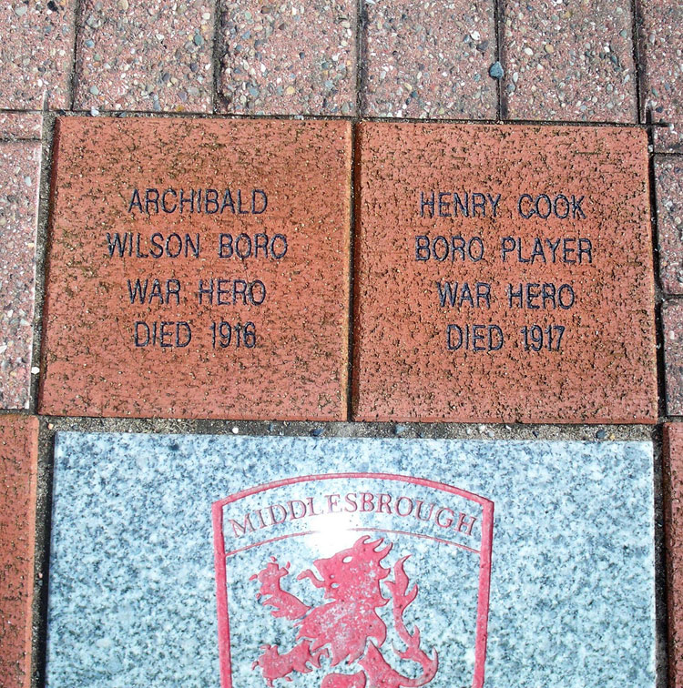 The War Memorial in the "Brick Road" Outside the the Old Ayresome Park Entrance at Middlesbrough's Riverside Stadium (Henry Cook's Name)