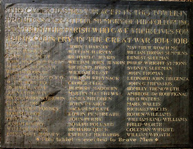 The First World War Memorial in the Church of St. Pol de Leon, Paul (Cornwall)