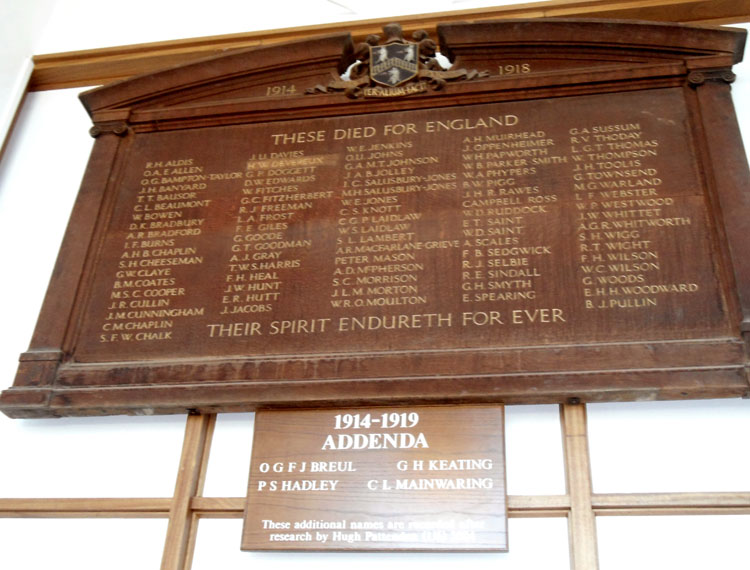 The First World War Memorial Plaque in the Perse School, Cambridge