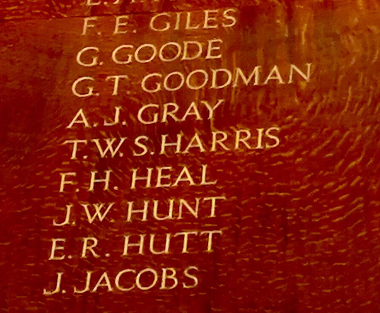 Joel Jacob's Name on the First World War Memorial Plaque in the Perse School, Cambridge