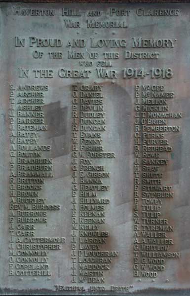 The recorded names on the Port Clarence and Haverton Hill War Memorial