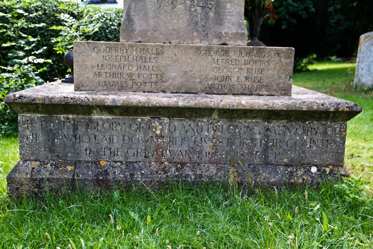Private Richardson's Name on the Radwinter Memorial, with the Commemoration below.