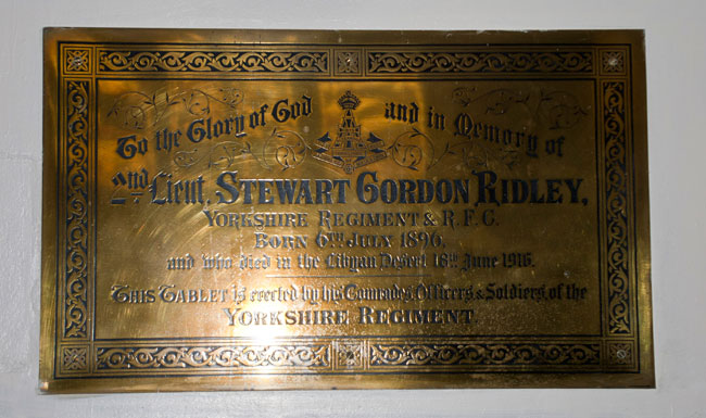 The Plaque Commemorating Lieutenant Ridley in the Lady Chapel of St. Peter's Church, Redcar (Cleveland)