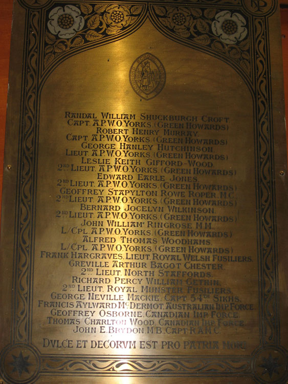 The Richmond Grammar School War Memorial on which the names of the Yorkshire Regiment soldiers are commemorated