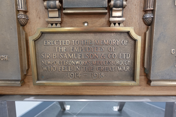 The Dedication on the War Memorial in Samuelsons Workingmans Club, Middlesbrough
