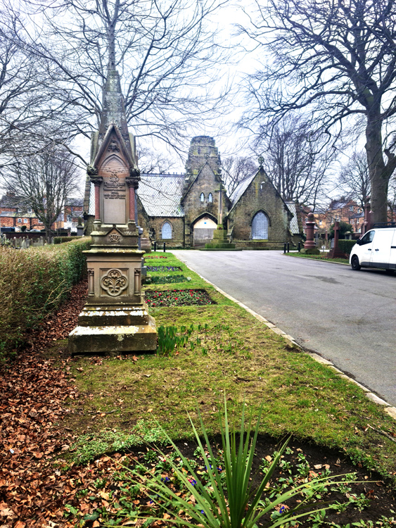 The Entrance to Scarborough's Dean Road Cemetery, with the Cross of sacrifice and the Dove Family Memorial