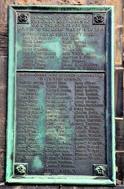 The War Memorial Plaque outside St. Matthew's Church, Carver Street, Sheffield