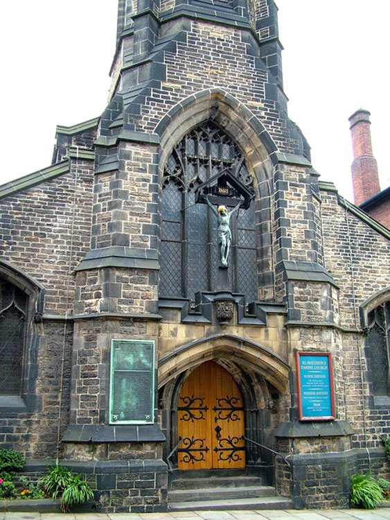 St. Matthew's Church, Carver Street, Sheffield, - showing the War Memorial in Front of the Church