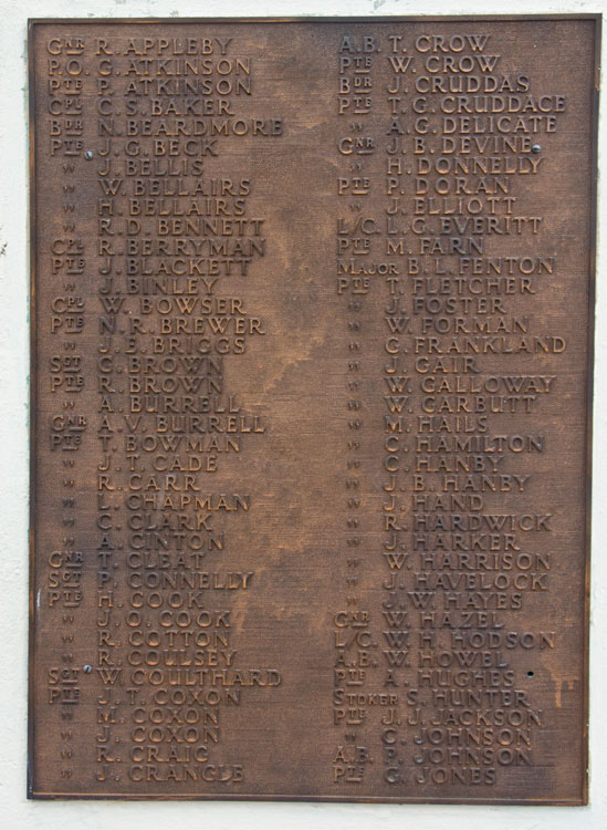 First World War Commemorations "A" - "J" on the Shotton Colliery War Memorial.